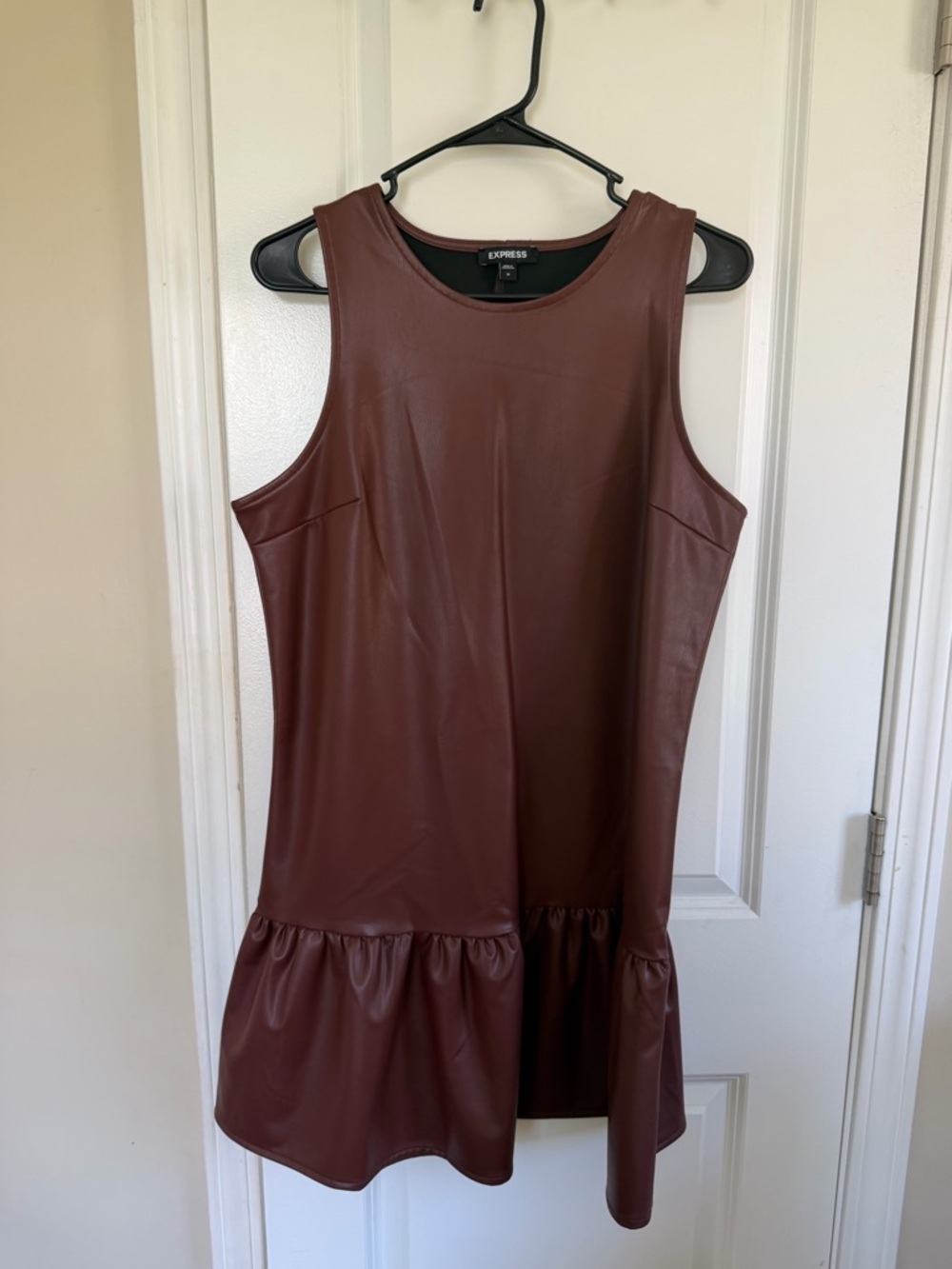 Express Brown Faux Leather Sleeveless Mini Dress with Ruffle Hem